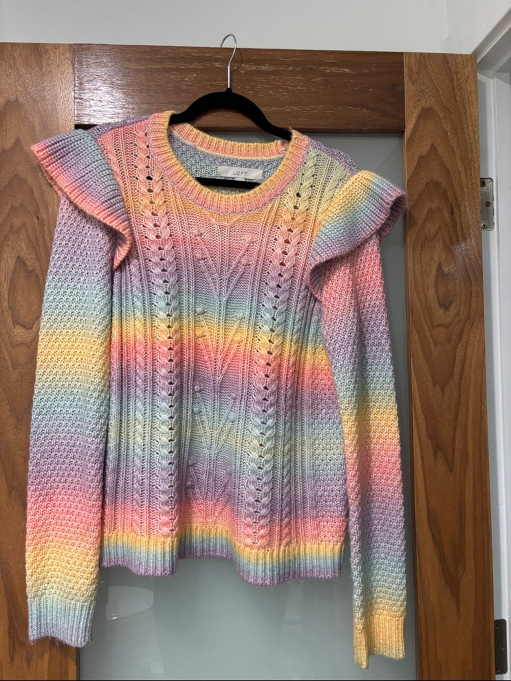 LOFT Pastel Rainbow Ruffle-Shoulder Cable Sweater